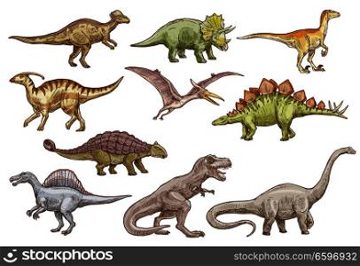 Dinosaur animal icons of prehistoric reptile monsters. Dino sketches of triceratops, tyrannosaurus rex and stegosaurus, brontosaurus, spinosaurus and velociraptor, pteranodon and ankylosaurus. Dinosaur and prehistoric reptile animal sketches