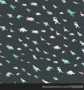 Dinosaur astronauts seamless pattern on black. Cute wild galaxy monster endless design. Joyous reptile space decor for textile, paper, web, wallpaper. Vector illustration in flat cartoon style.. Dinosaur astronauts seamless pattern on black.