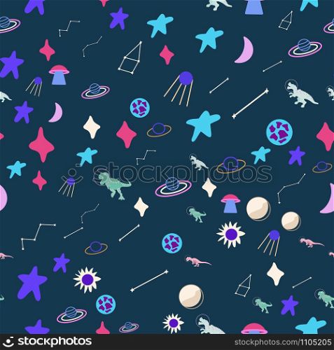 Dinosaur astronauts seamless pattern on blue. Wild galaxy monster endless design. Joyous reptile and planets decor for textile, paper, web, wallpaper. Vector illustration in flat cartoon style.. Dinosaur astronauts seamless pattern on blue.
