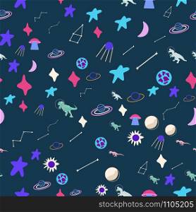 Dinosaur astronauts seamless pattern on blue. Wild galaxy monster endless design. Joyous reptile and planets decor for textile, paper, web, wallpaper. Vector illustration in flat cartoon style.. Dinosaur astronauts seamless pattern on blue.
