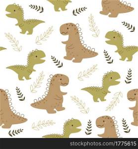 Dinosaur baby seamless pattern. Scandinavian cute print for nursery t-shirts, textiles, wrapping paper, kids apparel, invitation cover. Bright colored childish vector illustration.
