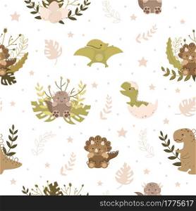 Dinosaur baby seamless pattern. Scandinavian cute print for nursery t-shirts, textiles, wrapping paper, kids apparel, invitation cover. Bright colored childish vector illustration.