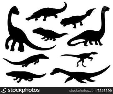 Dinosaur black silhouettes of jurassic extinct animals. Vector prehistoric dino reptiles and crocodile monsters of mesosaurus, eoraptor, ichthyostega and brachiosaurus, erythrosuchus and sarcosuchus. Dinosaur jurassic animal or dino black silhouettes