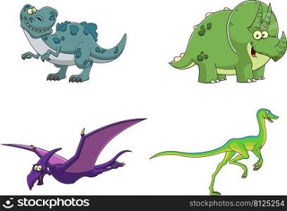 Dinosaur Cartoon Characters. Vector Hand Drawn Collection Set Isolated On White Background