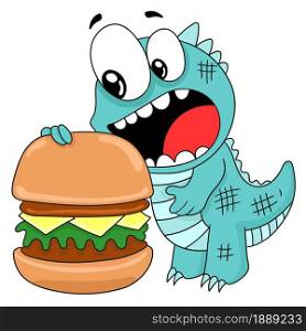 dinosaur cartoon eating burger. cartoon illustration sticker emoticon