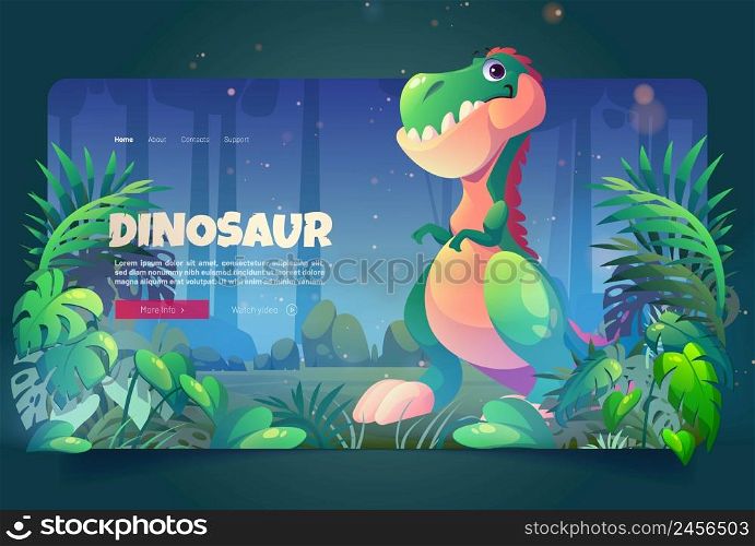 Dinosaur cartoon landing page, Tyrannosaurus rex in tropical rainforest or jungle. Funny dino monster game personage, invitation to prehistoric museum Jurassic period ancient animal, Vector web banner. Dinosaur cartoon landing page Jurassic park banner