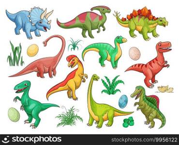 Dinosaur cartoon vector characters with cute baby dino animals and eggs. Funny triceratops, stegosaurus and raptor, brontosaurus, t-rex, spinosaurus and tyrannosaurus, brachiosaurus and dilophosaurus. Dinosaur cartoon characters and baby dino animals