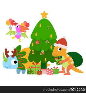 Dinosaur christmas happy new year, Dino clipart