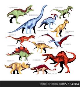 Dinosaur color cartoon set of different kinds of jurassic fossils persons with description isolated vector illustration. Dinosaur Color Cartoon Set
