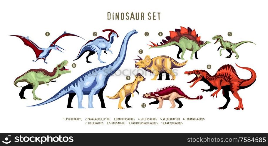 Dinosaur colorful ten characters of extinct predator of jurassic period with designation isolated vector illustration. Dinosaur Color Set