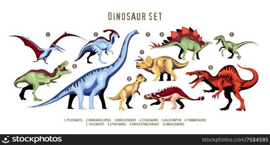 Dinosaur colorful ten characters of extinct predator of jurassic period with designation isolated vector illustration. Dinosaur Color Set