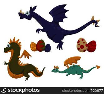 Dinosaur dino difference, prehistoric animals set vector. Generation of beasts, monsters with tails and wings, creature breathing with fire. Reptile brontosaurus realistic creatures. Dinosaur dino difference, prehistoric animals set vector.