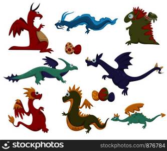Dinosaur dino difference, prehistoric animals with eggs set vector. Generation of beasts, monsters with tails and wings, creature breathing with fire. Reptile brontosaurus realistic creatures. Dinosaur dino difference, prehistoric animals with eggs set