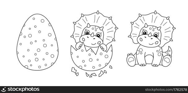 Dinosaur egg and cute little dinosaur for kid coloring book. Baby triceratops. Children puzzle game. Black and white cartoon isolated vector illustration on white background. Dinosaur egg and cute little dinosaur for kid coloring book. Baby triceratops. Children puzzle game.