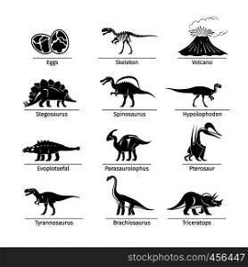 Dinosaur icons vector. Dinosaur egg and volcano, dinosaur skeleton and tyrannosaurus icons. Dinosaur icons vector