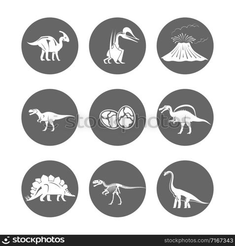 Dinosaur icons vector. Dinosaur egg and volcano, dinosaur skeleton and tyrannosaurus silhouettes icon. Illustration of silhouette round icons with prehistorical animals. Dinosaur icons vector. Dinosaur egg and volcano, dinosaur skeleton and tyrannosaurus silhouettes icon