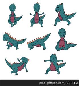 Dinosaur in yoga asanas, hand drawn vector illustration. dino set