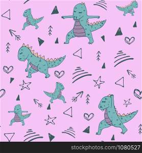 Dinosaur in yoga asanas, hand drawn vector seamless pattern. dino pattern 1_pink