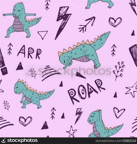 Dinosaur in yoga asanas, hand drawn vector seamless pattern. dino pattern 2_pink