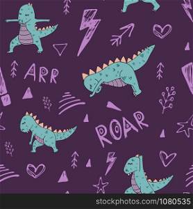 Dinosaur in yoga asanas, hand drawn vector seamless pattern. dino pattern 2_violet