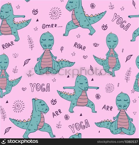 Dinosaur in yoga asanas, hand drawn vector seamless pattern. dino pattern 4_pink