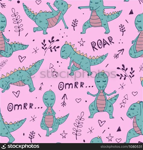 Dinosaur in yoga asanas, hand drawn vector seamless pattern. ???????? RGB