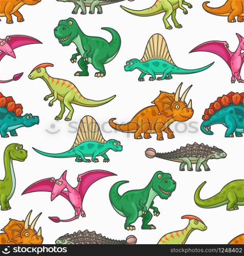 Dinosaur jurassic animals seamless pattern. Vector background with tyrannosaurus, pterodactyl, brontosaurus and spinosaurus, stegosaurus, diplodocus, triceratops and pteranodon prehistoric monsters. Dinosaurs seamless pattern of jurassic animals
