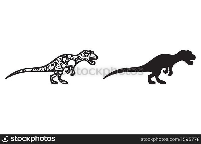 Dinosaur mandala and silhouette isolated in white background. Vector illustration. Dinosaur Mandala vector cut file.. Dinosaur mandala and silhouette isolated in white background. Dinosaur Mandala vector cut file.