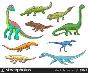 Dinosaur monster animal icons of cartoon dino reptiles. Prehistoric brachiosaurus, mesosaurus, erythrosuchus and eoraptor, ichthyostega, omeisaurus and ambulocetus, sarcosuchus and pliosauroidea. Dinosaur or dino monster, reptile animal icons