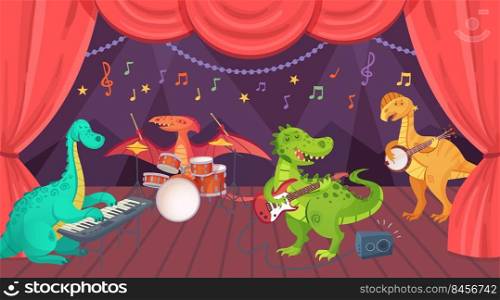 Dinosaur play music on theatre stage with curtains. Cartoon dino characters playing musical instruments as electric guitar, drums and piano or keyboard and banjo. Animals having performance vector. 2206 S ST Dinosaur play music on theatre stage
