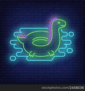 Dinosaur rubber ring neon sign. Swimming, water, safety. Inflatable toy concept. Vector illustration in neon style for advertising, toy shop, entertainment