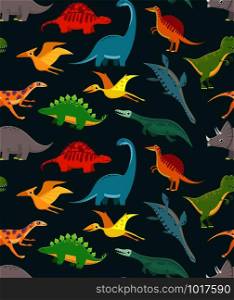 Dinosaur seamless pattern. Cute kids dinosaurs, colorful dragons typography print or textile fabric. Vector dino monster for kids nursery cartoon wallpaper designs. Dinosaur seamless pattern. Cute kids dinosaurs, colorful dragons. Vector wallpaper