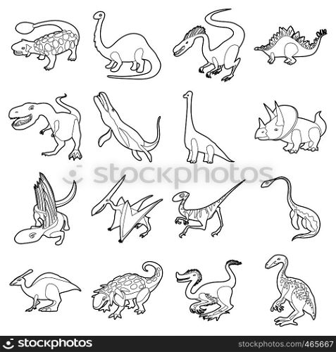 Dinosaur types icons set. outline illustration of 16 dinosaur types vector icons for web. Dinosaur types icons set, outline style