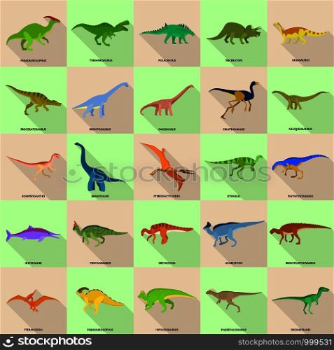 Dinosaur types signed name icons set. Flat illustration of 25 dinosaur types signed name vector icons for web. Dinosaur types signed name icons set, flat style
