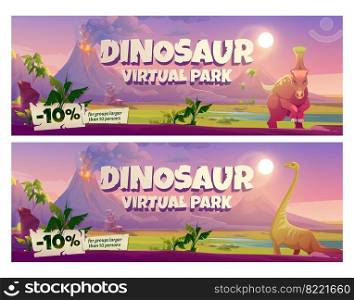 Dinosaur virtual park cartoon posters, historical online museum visit promo with discount for large groups. Educational prehistory portal, paleontology studying, exhibition service, vector flyers set. Dinosaur virtual park cartoon posters, vr museum