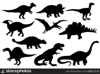 Dinosaurs and Jurassic dino monsters icons. Vector silhouette of triceratops or T-rex, brontosaurus or pterodactyl and stegosaurus, pteranodon or ceratosaurus and parasaurolophus reptile. Dinosaurs and T-rex monster reptiles, vector