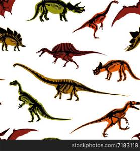 Dinosaurs and pterodactyl types of animals seamless pattern isolated on white background vector. Prehistoric monsters dino, jurassic period, reptiles tyrannosaurus ancient, triceratops diplodocus. Dinosaurs and pterodactyl types of animals seamless pattern isolated on white background vector.