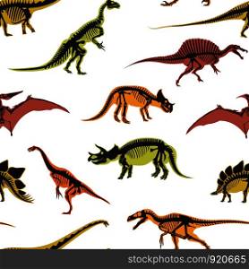 Dinosaurs and pterodactyl types of animals seamless pattern isolated on white background vector. Prehistoric monsters dino, jurassic period, reptiles tyrannosaurus ancient, triceratops diplodocus. Dinosaurs and pterodactyl types of animals seamless pattern isolated on white background vector.