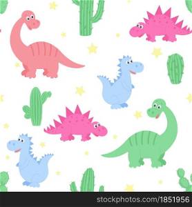 Dinosaurs, cacti and stars seamless pattern, vector illustration. Repeating childish background with cute dino. Template for a nursery, wallpaper, textiles and fabric.. Dinosaurs, cacti and stars seamless pattern, vector illustration.