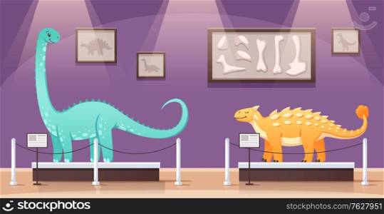 Dinosaurs cartoon composition with indoor scenery of historical museum exhibition with two colourful characters of dinos vector illustration