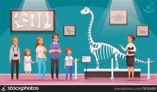 Dinosaurs cartoon composition with view of exhibition hall with dinosaur skeleton bones and characters of visitors vector illustration
