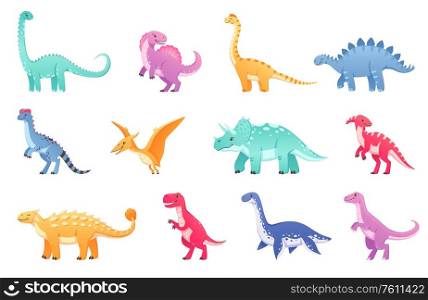 Dinosaurs cartoon set with isolated icons and doodle characters of dinos of different breed and colour vector illustration