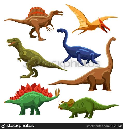Dinosaurs Color Icons Iet. Dinosaurs color icons set in cartoon style on white background isolated vector illustration
