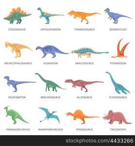 Dinosaurs Colored Isolated Icons Set. Colored isolated icons set of different types of dinosaurs in cartoon style with name of class or kind flat vector illustration