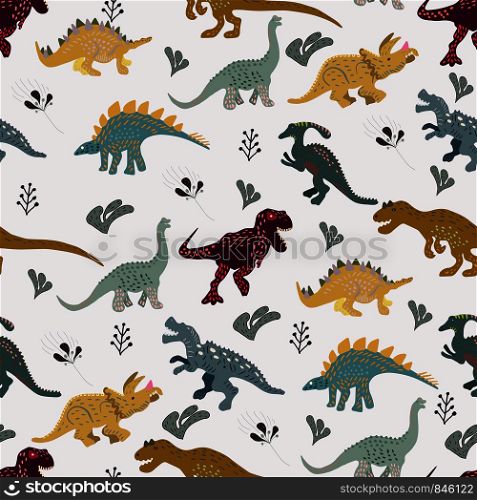 Dinosaurs cute hand drawn seamless pattern. Cute hand drawn sketch style textile, wrapping paper, background design. . Cute dinosaur character illustration seamless pattern