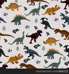 Dinosaurs cute hand drawn seamless pattern. Cute hand drawn sketch style textile, wrapping paper, background design. . Cute dinosaur character illustration seamless pattern