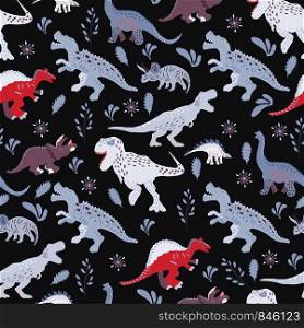 Dinosaurs cute hand drawn seamless pattern on black background. Cute hand drawn sketch style textile, wrapping paper, background design. . Dinosaurs cute hand drawn seamless pattern on black background