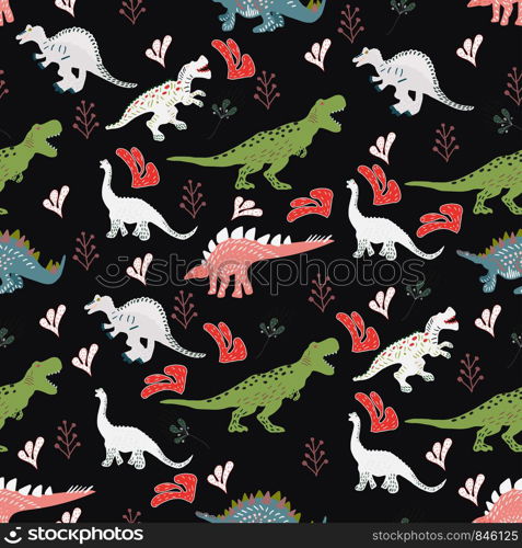 Dinosaurs cute hand drawn seamless pattern with pink leaves on black background. Cute hand drawn sketch style textile, wrapping paper, background design.. Dinosaurs cute hand drawn seamless pattern with pink leaves