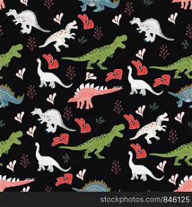 Dinosaurs cute hand drawn seamless pattern with pink leaves on black background. Cute hand drawn sketch style textile, wrapping paper, background design.. Dinosaurs cute hand drawn seamless pattern with pink leaves