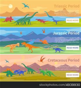 Dinosaurs Flat Horizontal Banners. Dinosaurs flat horizontal banners set of design backgrounds with groups of giant ancient pangolins lived millions years ago vector illustration